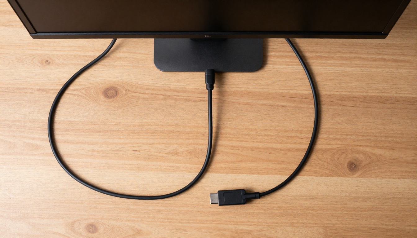 나무 책상 위에 노트북과 모니터, 복잡하게 얽힌 검은색 HDMI 케이블이 놓여 있는 항공샷 이미지입니다.