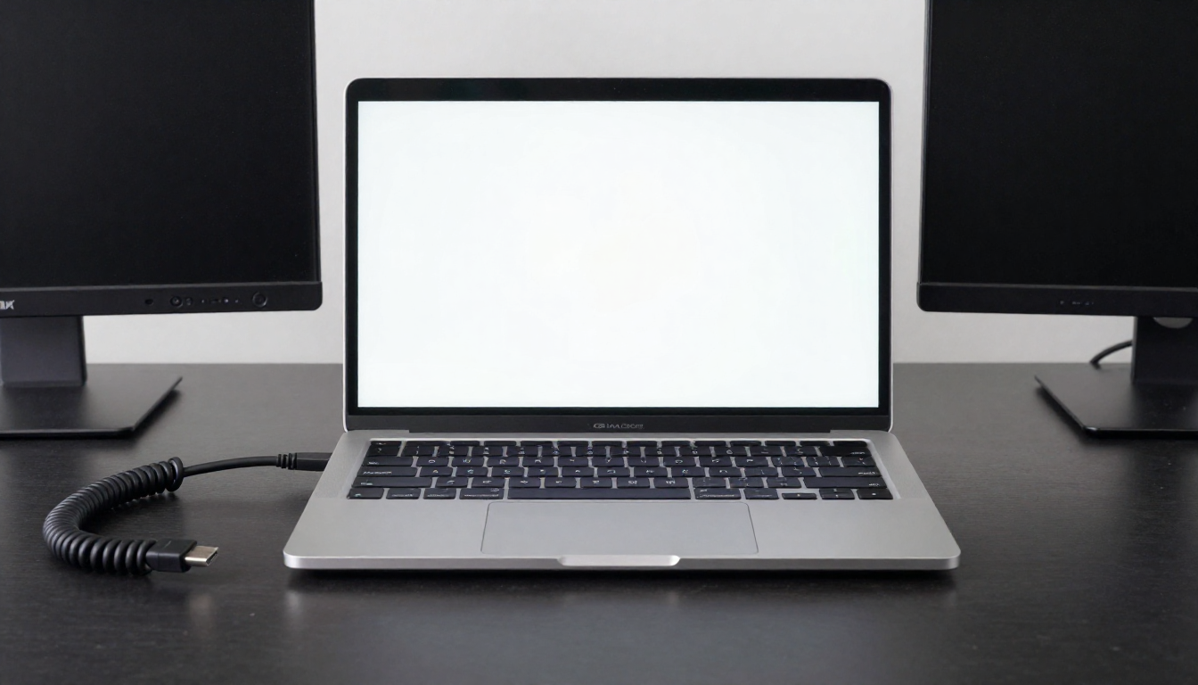 어두운 책상 위 노트북과 두 대의 모니터, 꼬인 형태의 패브릭 HDMI 케이블이 놓인 모습.