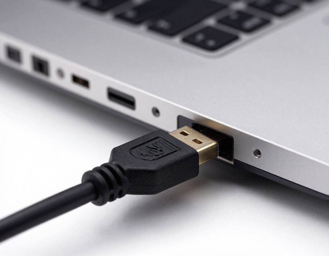 노트북 측면 단자에 두꺼운 직조 케이블 형태의 HDMI 케이블이 연결되는 근접 상세 사진.