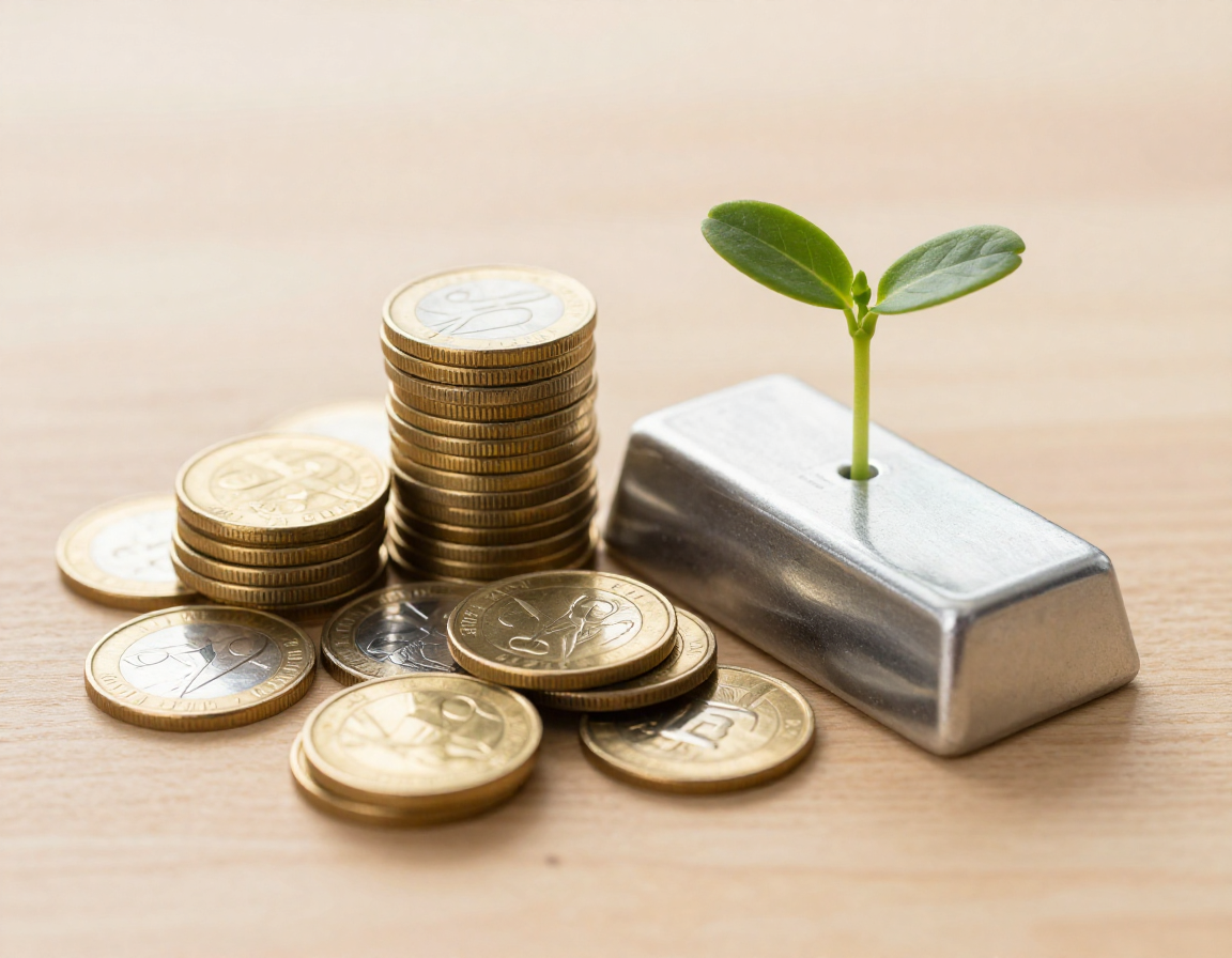 나무 탁자 위에 쌓인 금화와 은괴, 그 옆에서 자라나는 작은 초록색 새싹의 모습.