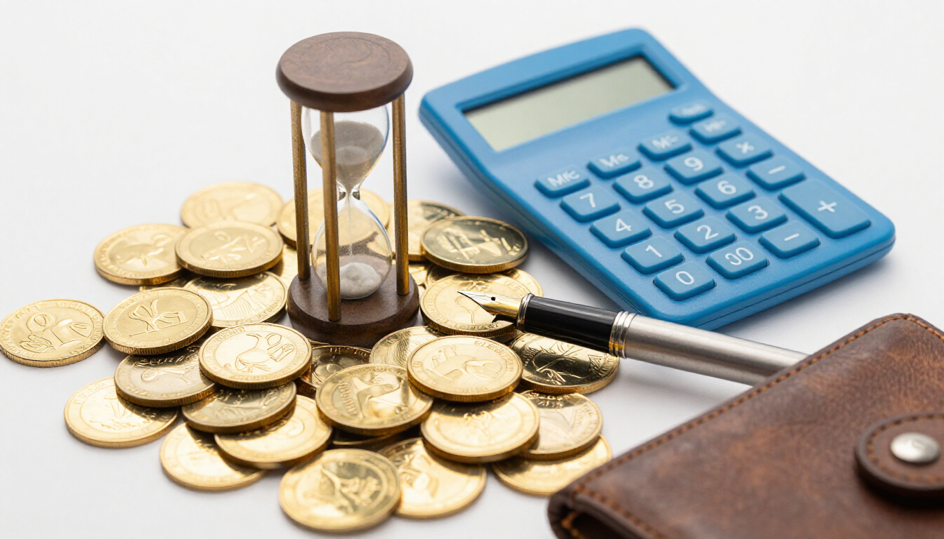 금화와 모래시계, 파란색 계산기, 은색 만년필, 가죽 지갑이 놓인 소상공인 금융 및 자금 관리 관련 이미지.