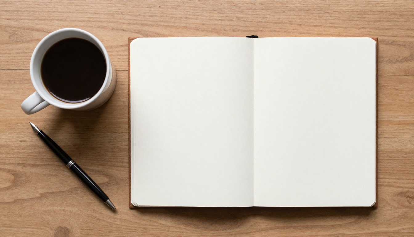 나무 책상 위에 놓인 만년필과 커피 컵, 빈 공책을 위에서 내려다본 실사풍의 평면도 사진.