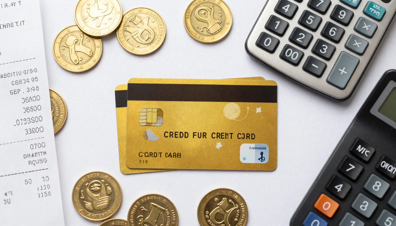 계산기, 신용카드, 금화, 영수증이 깔끔하게 놓인 책상을 위에서 내려다본 모습의 실사 이미지.