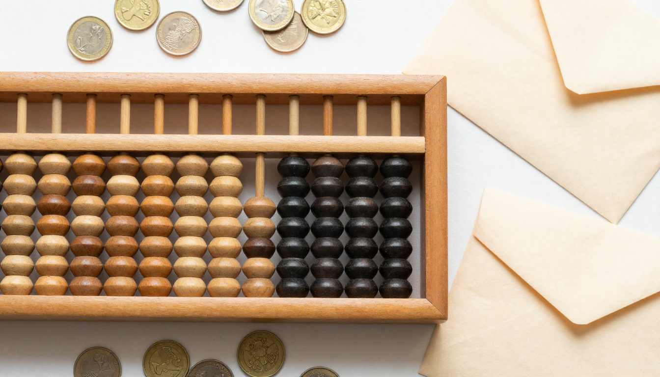 나무 주판과 계산기 버튼, 동전, 종이 봉투가 정갈하게 놓인 상단 부감샷 이미지입니다.