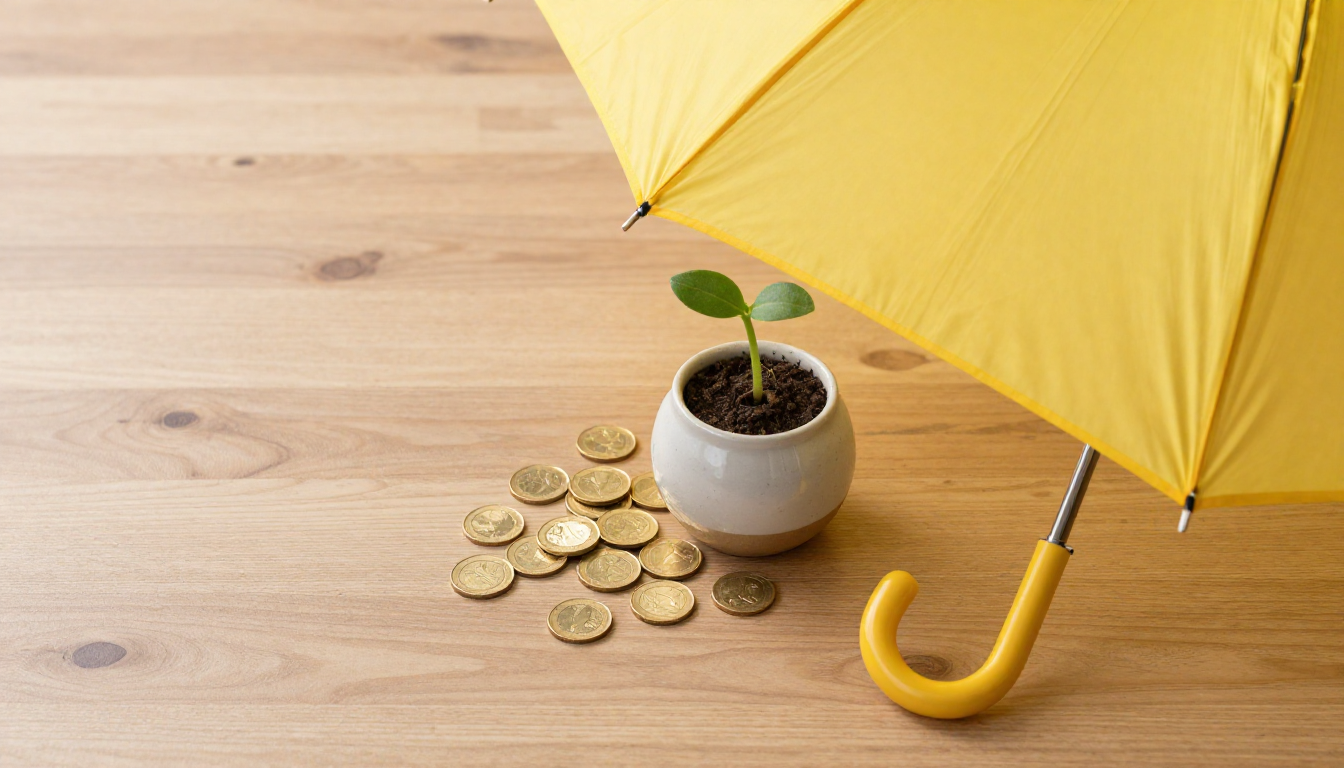 원목 책상 위에 놓인 노란 우산과 황금 동전, 작은 새싹이 심어진 화분이 놓여 있는 실사 이미지.