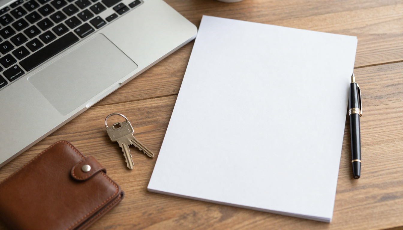 원목 책상 위에 놓인 노트북, 만년필, 빈 종이, 집 열쇠와 가죽 지갑의 실사 이미지.