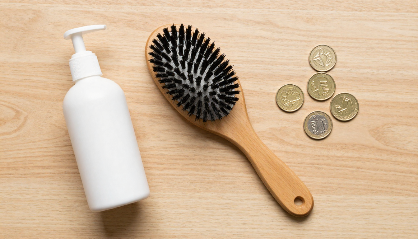 나무 바닥 위에 놓인 고양이 관리용 브러시, 세정제 병, 스포이드, 동전들을 위에서 내려다본 모습입니다.