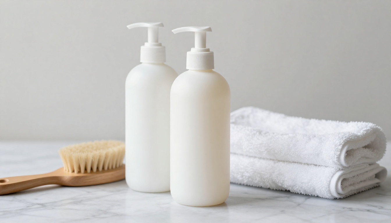 대리석 위에 놓인 고양이 샴푸병들과 나무 브러시, 하얀 세정용 수건이 어우러진 깔끔한 모습.