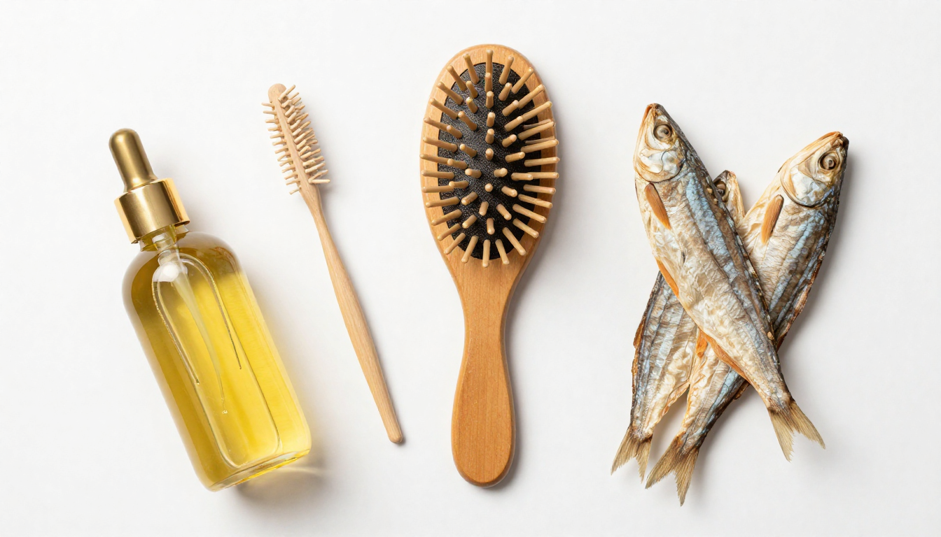 나무 빗과 관리용 브러시, 오일 병, 말린 생선 간식이 정갈하게 놓인 고양이 관리 용품의 평면도 사진입니다.