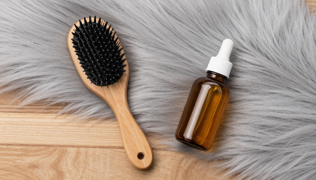 원목 바닥 위 고양이 빗과 영양제 병이 부드러운 회색 털 옆에 놓인 항공샷 이미지.