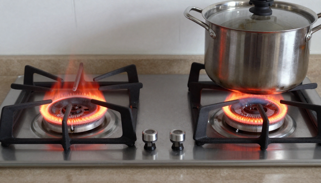 나란히 놓인 두 대의 전기레인지 위에 붉게 빛나는 하이라이트 화구와 냄비가 올려진 인덕션의 모습.