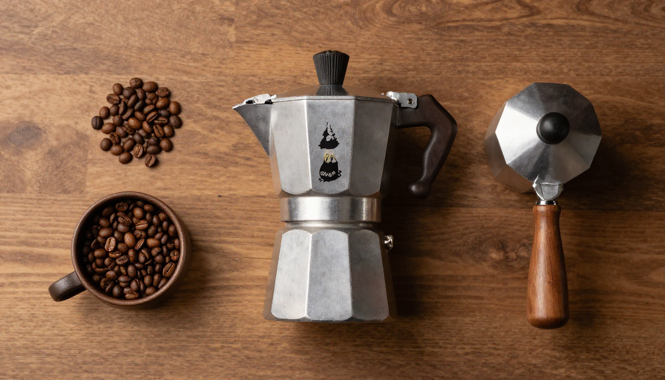 에스프레소 머신, 모카포트, 프렌치 프레스와 원두가 나무 테이블 위에 놓인 항공샷.