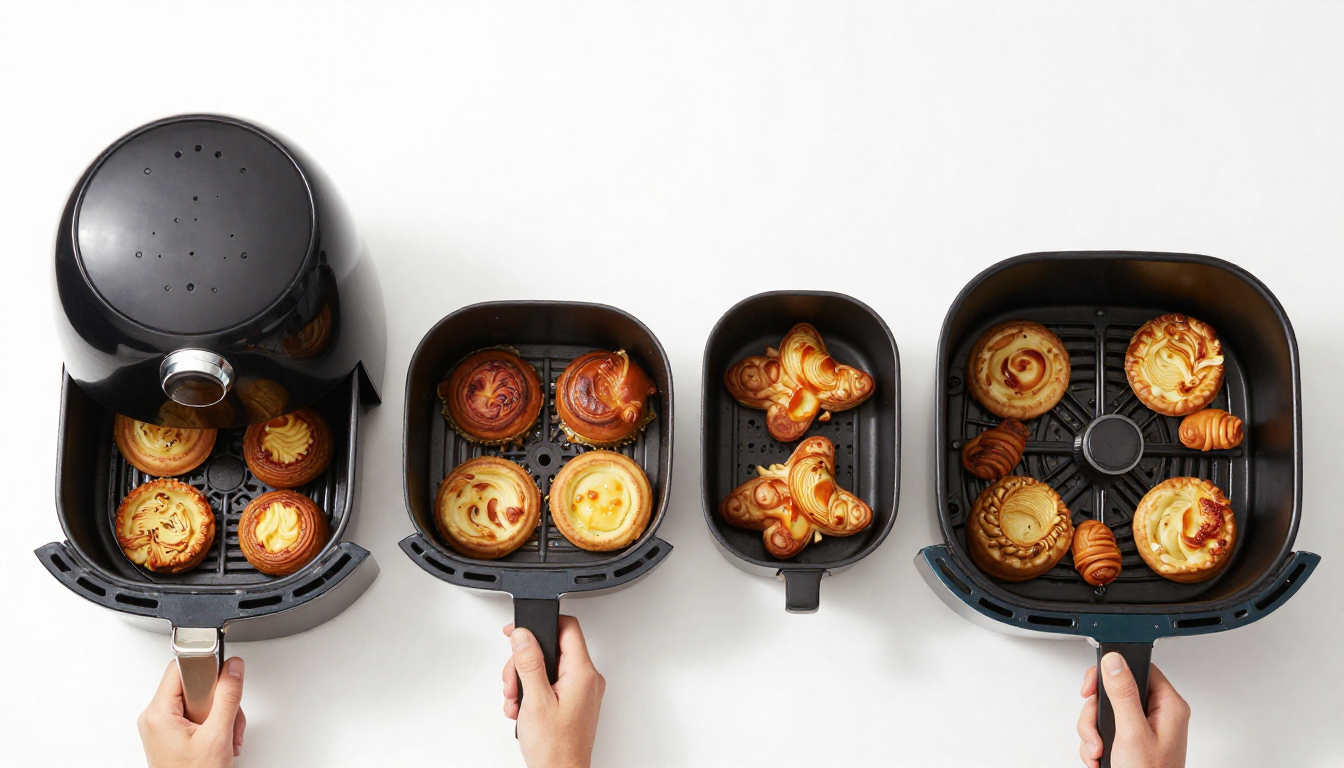 다양한 크기의 에어프라이어 바구니에 여러 종류의 음식이 담겨 있는 항공샷 모습.