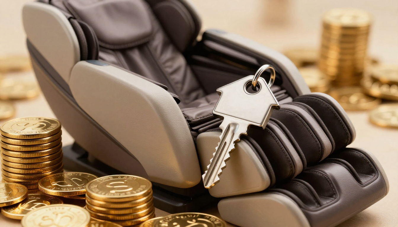 황금 동전 더미와 반짝이는 금속 집 열쇠 옆에 놓인 고급 안마의자를 위에서 내려다본 실사 이미지.
