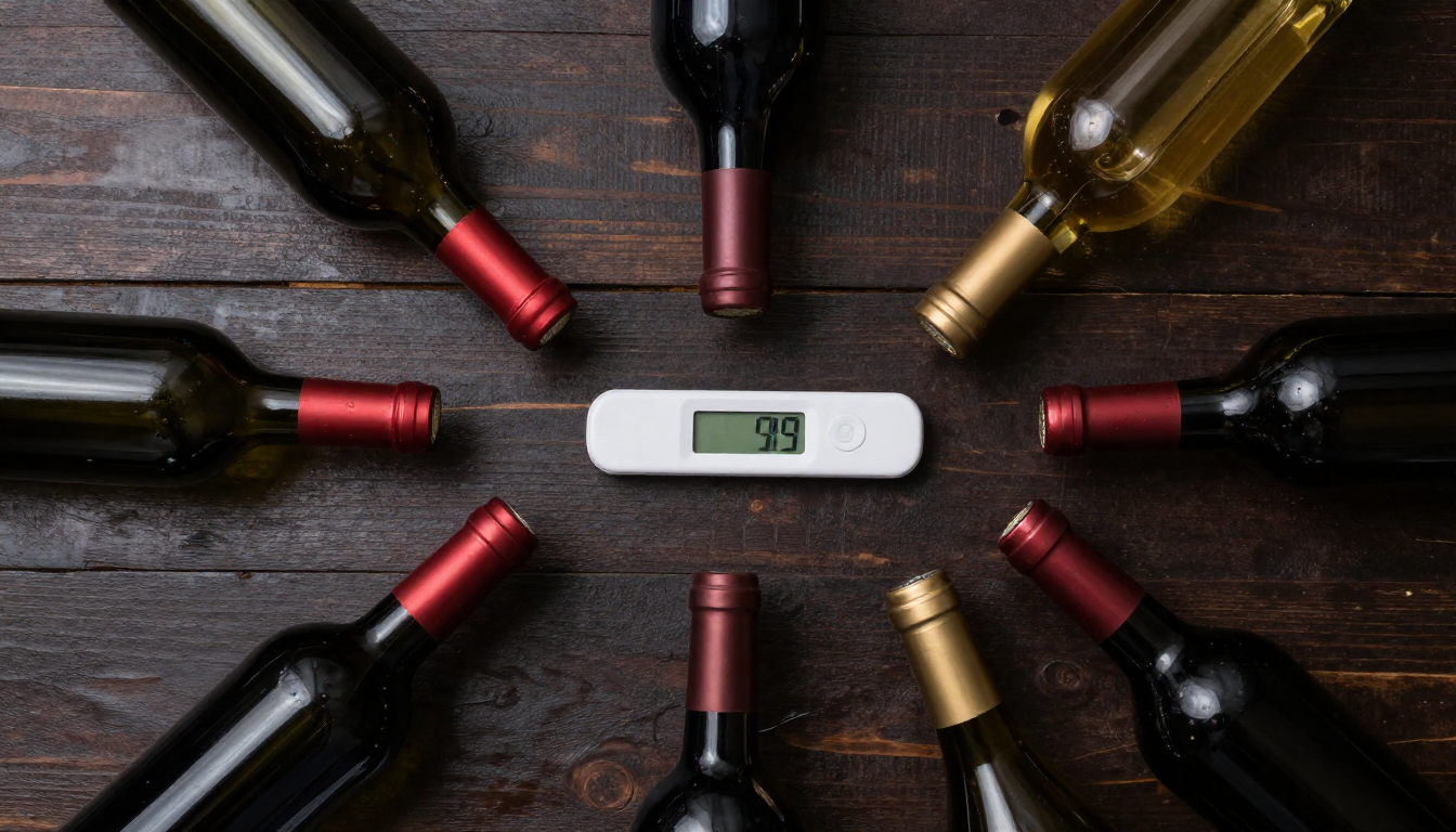 어두운 원목 바닥 위에 놓인 와인병들과 온도를 측정하는 디지털 온도계 센서의 항공샷 이미지.