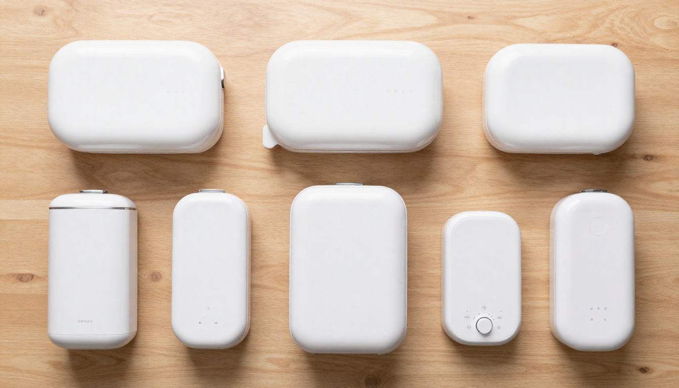 나무 질감의 배경 위에 정갈하게 놓인 흰색 소형 주방 가전제품들을 위에서 내려다본 모습.