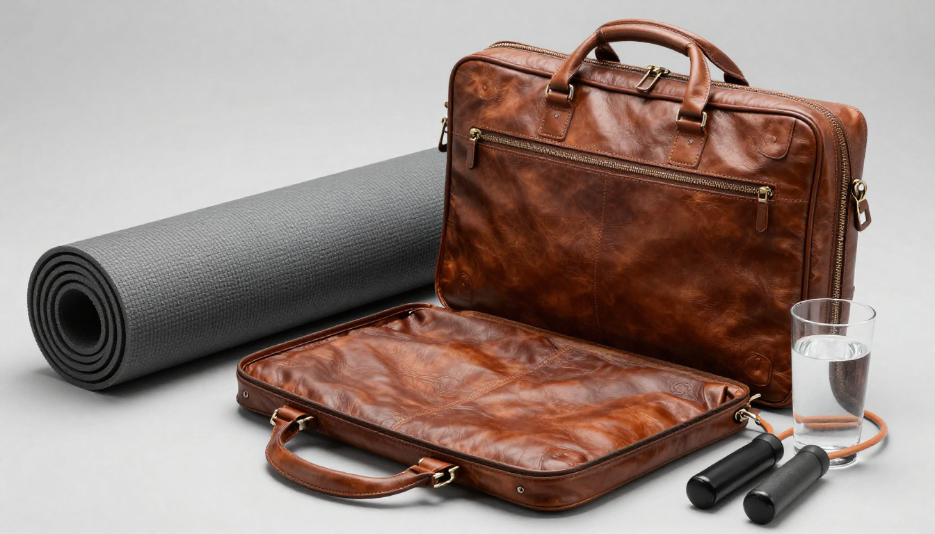 열린 가죽 서류 가방 옆에 펼쳐진 요가 매트와 줄넘기, 물 한 잔이 놓인 실사 이미지.