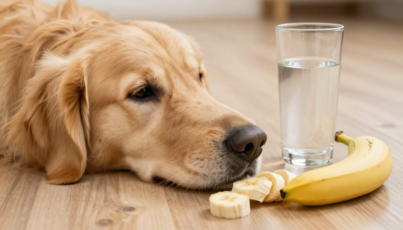 나무 바닥 위 슬라이스 된 바나나와 물컵 옆에 있는 골든 리트리버의 모습.