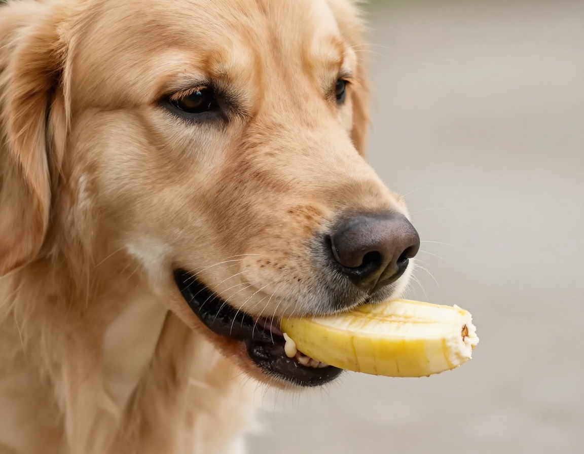노란 바나나 조각에 코를 가까이 대고 냄새를 맡는 골든 리트리버의 주둥이를 근접 촬영한 실사 이미지.