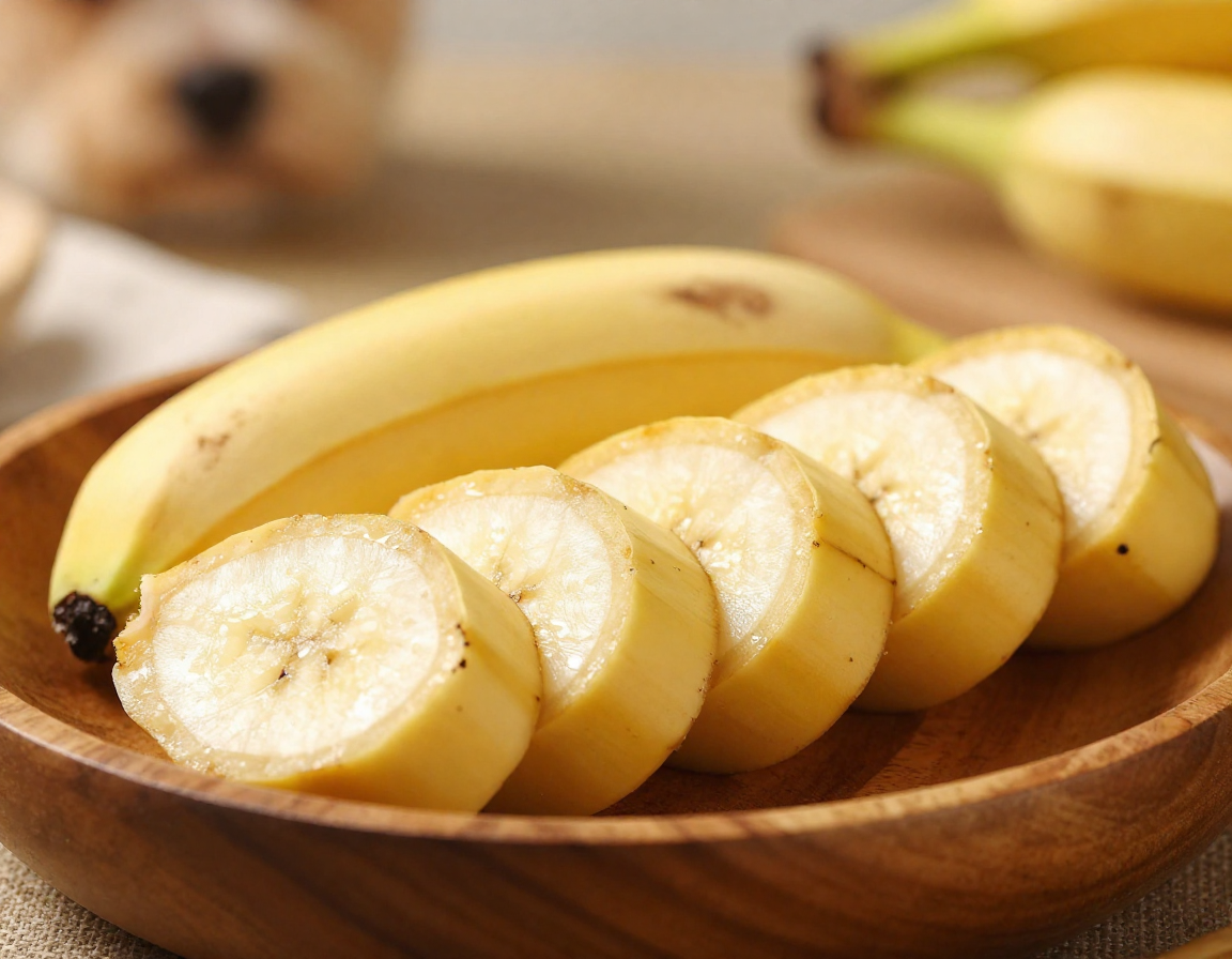 나무 그릇에 담긴 썰어 놓은 노란 바나나와 그 옆으로 살짝 보이는 강아지 귀의 모습.