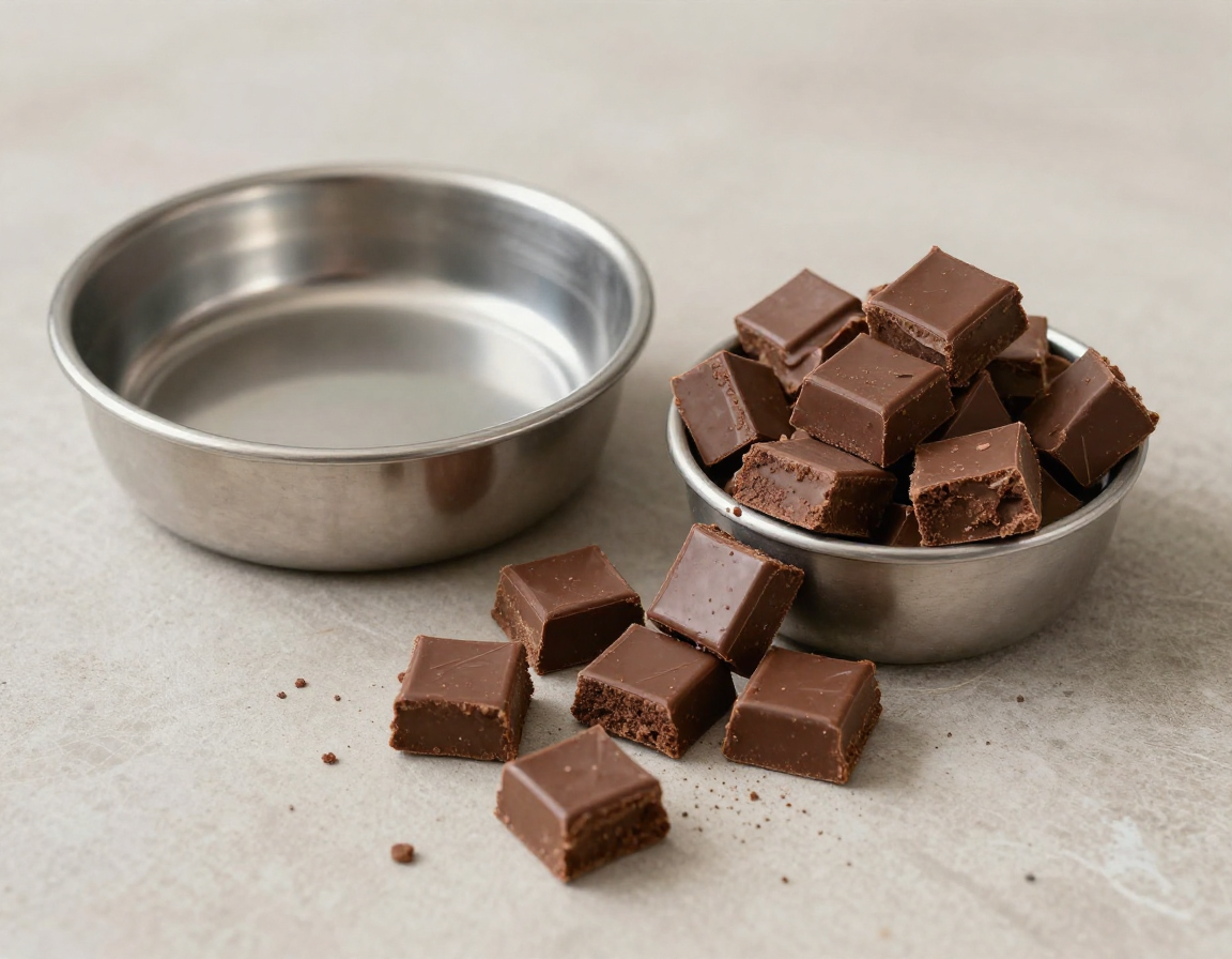 바닥에 쏟아진 갈색 사각형 초콜릿들과 그 옆에 놓인 비어 있는 강아지 물그릇을 촬영한 실사 이미지.