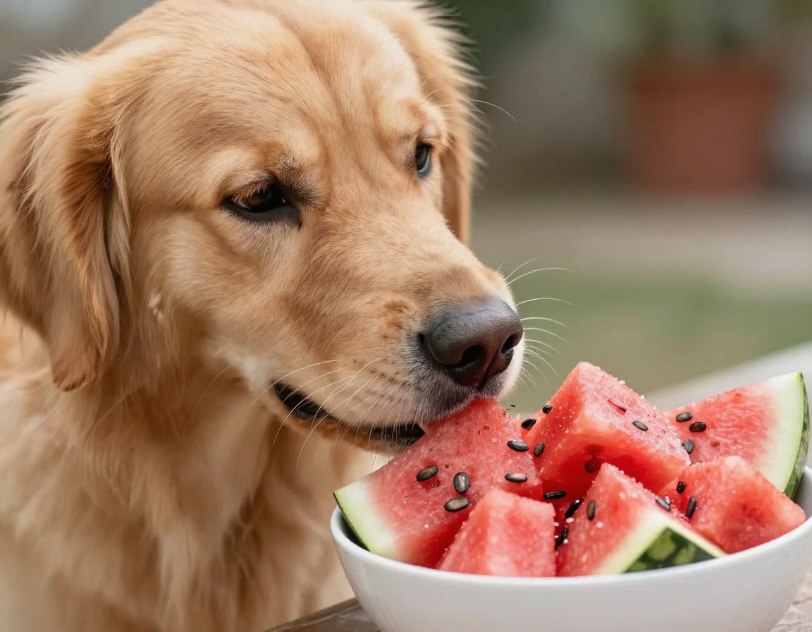 대각선 보케 배경 속 골든 리트리버가 그릇에 담긴 씨 없는 수박 조각의 냄새를 맡는 실사 이미지.