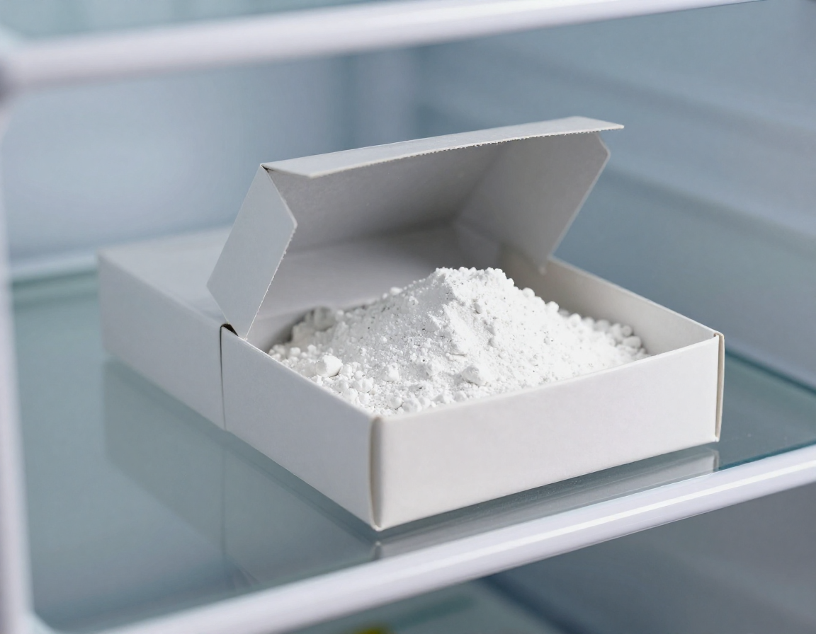 냉장고 유리 선반 위에 놓인 하얀 베이킹소다 가루가 담긴 상자와 검은 숯의 측면 근접 사진.