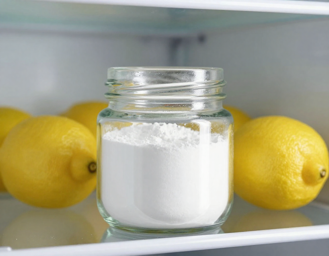 냉장고 선반 위 레몬 조각이 담긴 유리병과 흰 베이킹소다 가루가 담긴 열린 유리병의 모습.