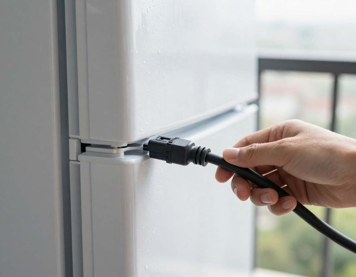 베란다에 설치된 냉장고의 측면 근접 사진으로, 표면에 맺힌 물방울과 굵은 전원 케이블이 보이는 실사 이미지.