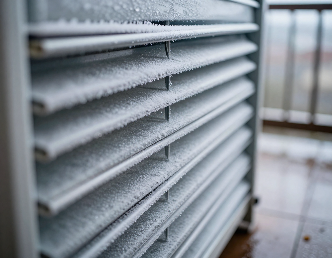 베란다 바닥의 습기와 냉장고 금속 코일에 하얗게 서린 성에가 대각선 구도로 촬영된 실사 이미지입니다.