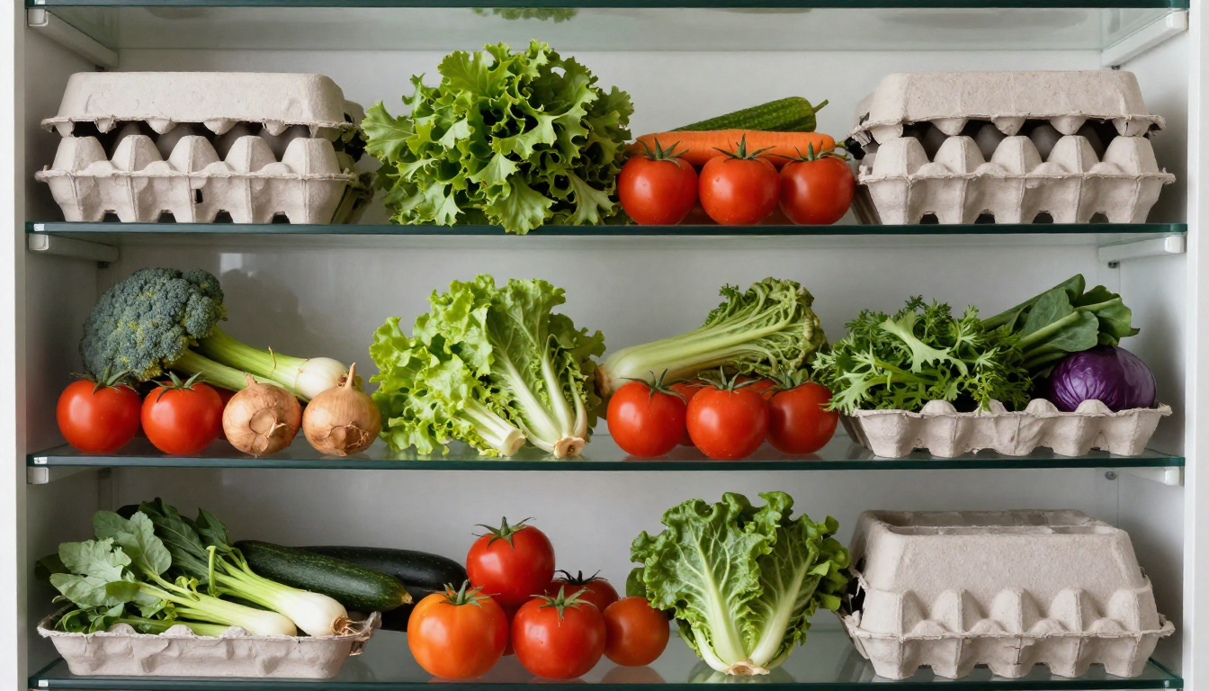 유리 선반 위에 놓인 신선한 채소들과 열려 있는 달걀 꾸러미를 위에서 내려다본 평면도 사진.