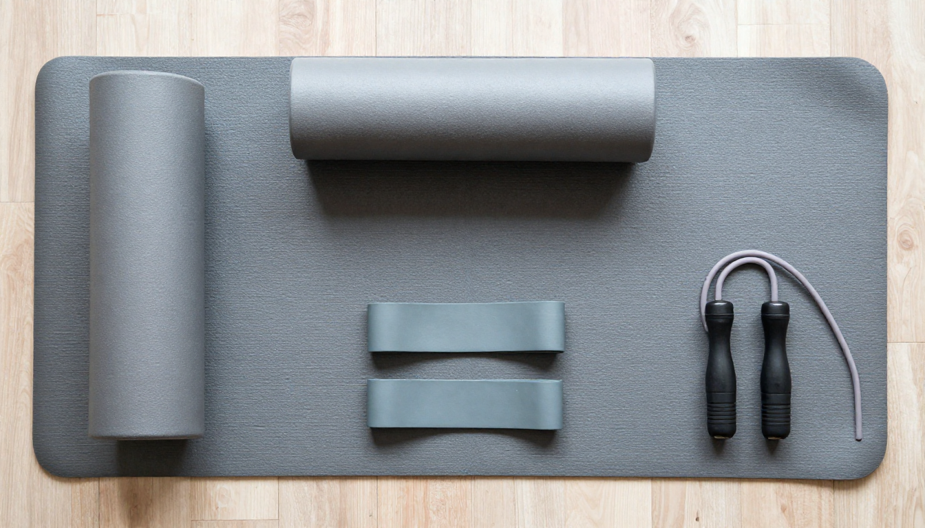 요가 매트 위에 폼롤러, 줄넘기, 루프 밴드가 놓인 홈트레이닝 용품 세트의 항공샷 이미지입니다.