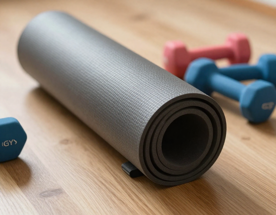 나무 바닥 위에 놓인 폼롤러와 요가 매트, 알록달록한 덤벨들을 측면에서 가까이 촬영한 실사 이미지.