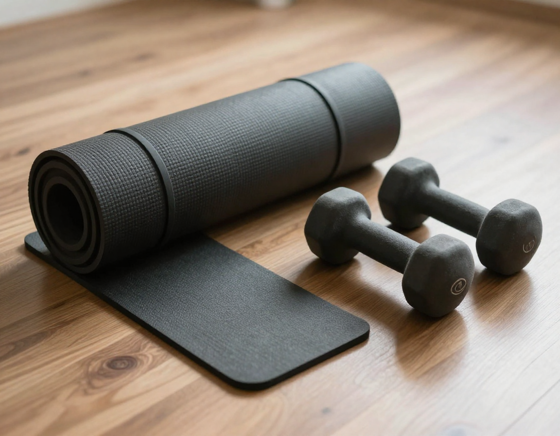 나무 바닥 위에 요가 매트, 폼롤러, 저항 밴드, 덤벨이 놓여 있는 보케 효과의 실사 이미지입니다.