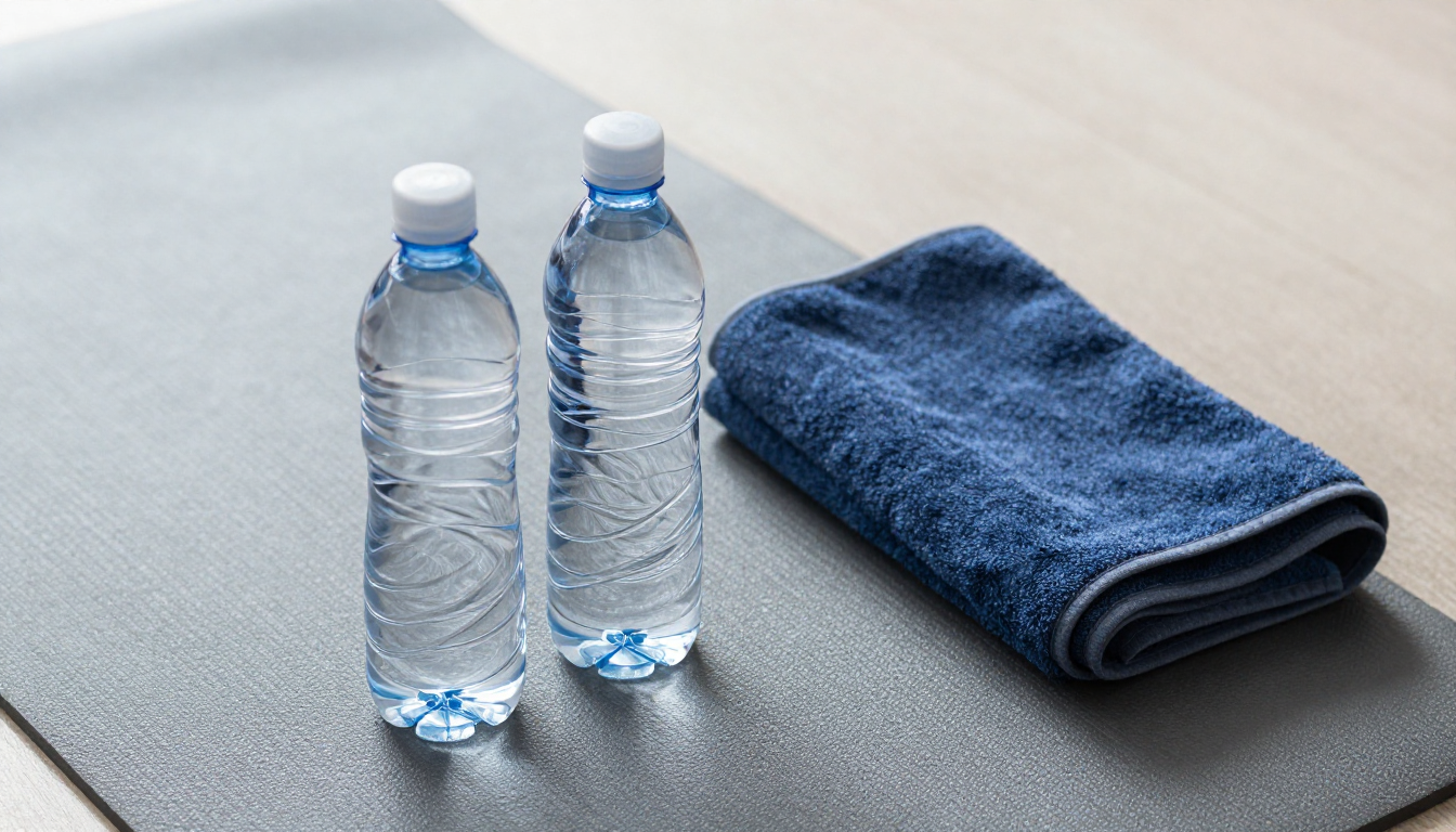 요가 매트 위에 놓인 투명한 생수병 두 개와 땀을 닦는 수건이 있는 운동 준비 모습.
