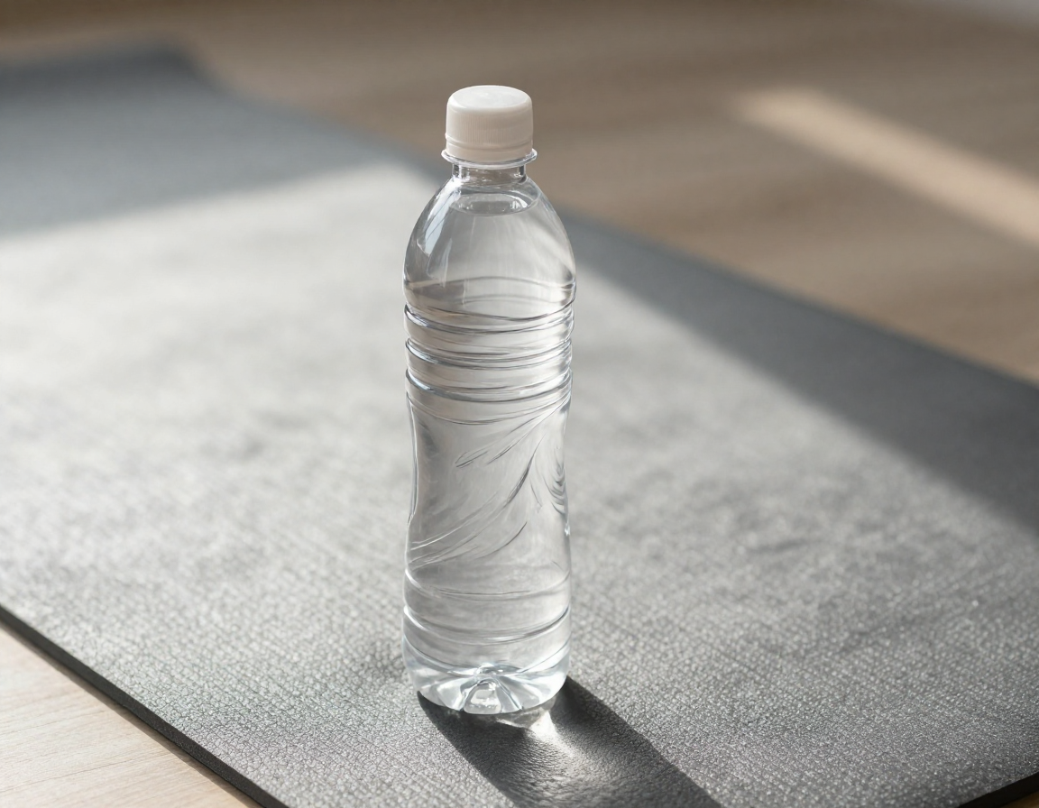 햇살이 비치는 요가 매트 위에 놓인 투명한 플라스틱 물병을 측면에서 근접 촬영한 실사 이미지.