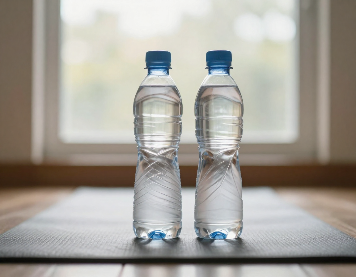 햇살이 비치는 창가 요가 매트 위에 나란히 놓인 두 개의 투명한 플라스틱 물병.