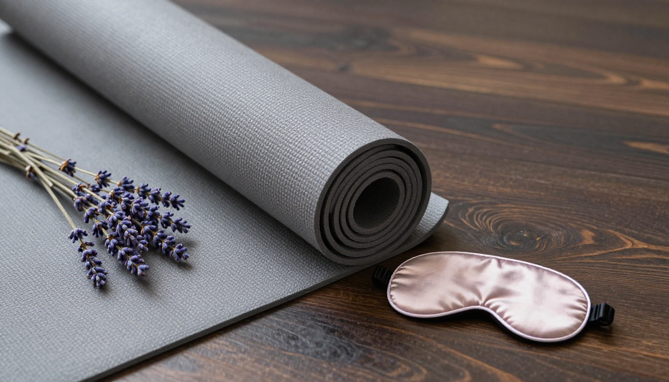 어두운 나무 바닥 위 펼쳐진 요가 매트와 라벤더 가지, 실크 안대.