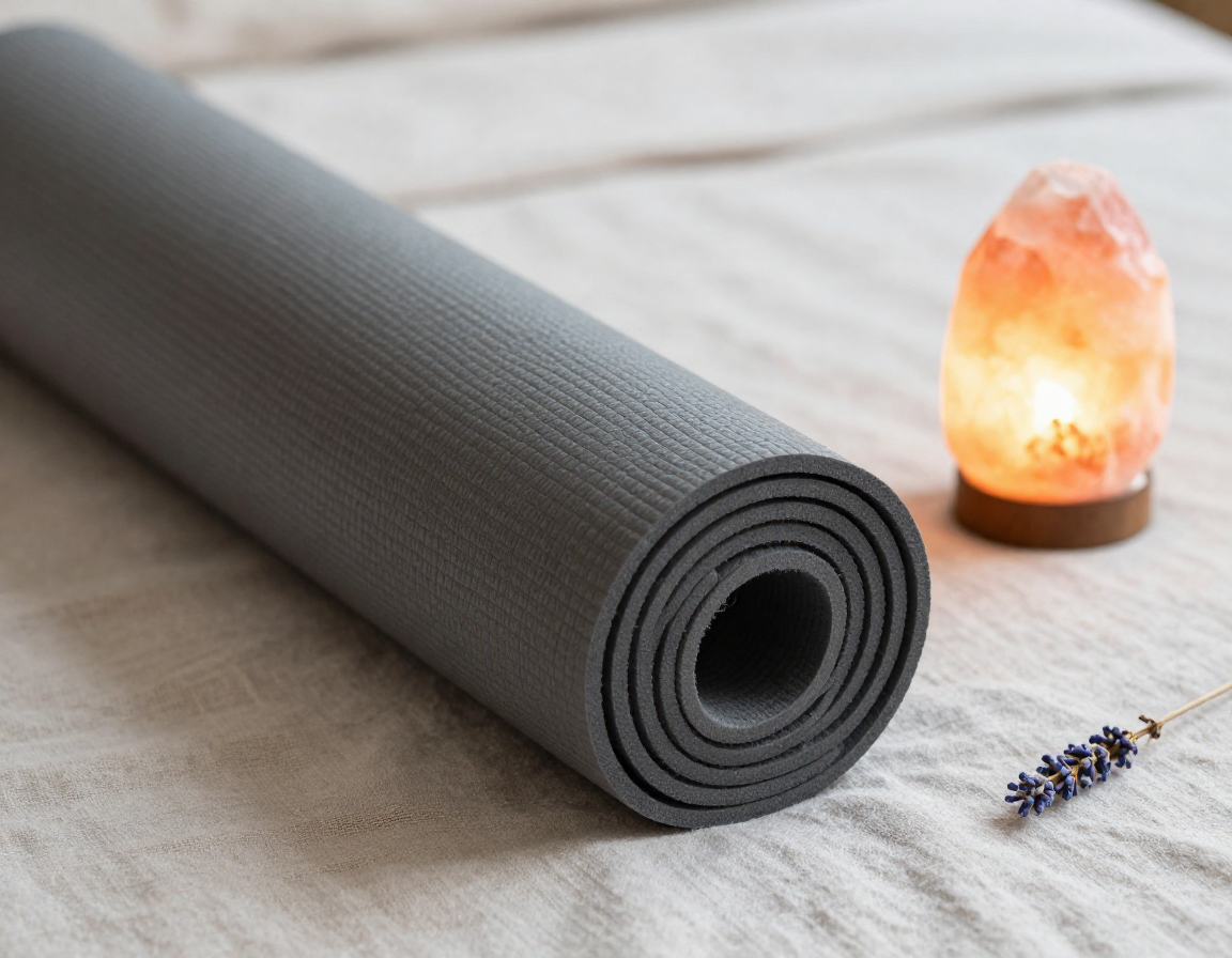 부드러운 리넨 침구 위에 놓인 요가 매트와 은은하게 빛나는 히말라야 핑크 솔트 램프, 라벤더 꽃의 조화로운 모습.