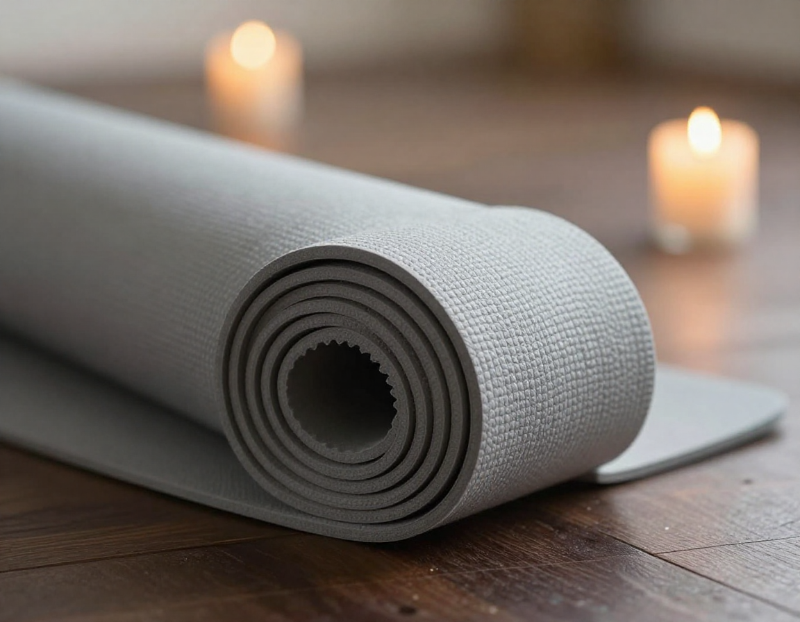 어두운 원목 바닥 위 돌돌 말린 요가 매트와 은은하게 빛나는 캔들이 놓인 차분한 분위기의 풍경.