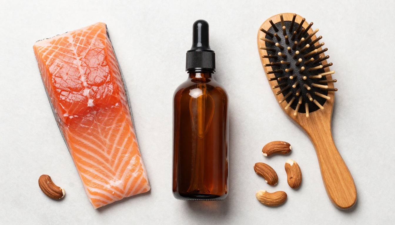 연어 필레, 달걀, 견과류와 나무 빗, 두피 세럼 병이 놓인 평면 구성 이미지.