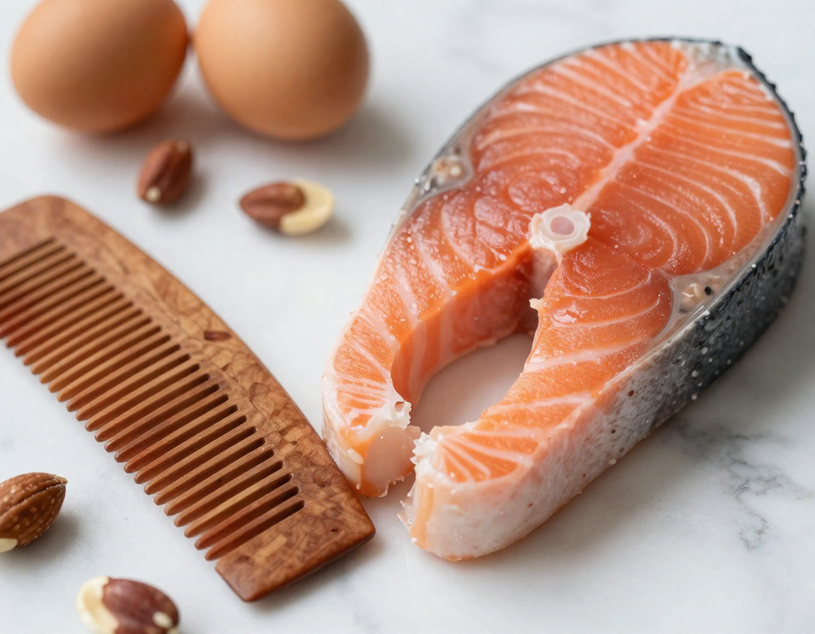 대리석 위에 놓인 연어 스테이크, 달걀, 견과류와 나무 빗의 측면 근접 촬영 사진.