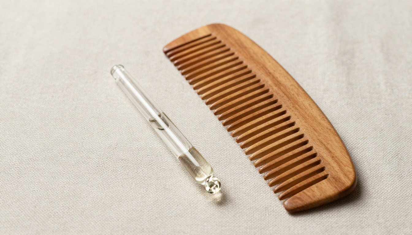 질감이 느껴지는 린넨 천 위에 놓인 유리 스포이드 병과 나무 빗의 모습.