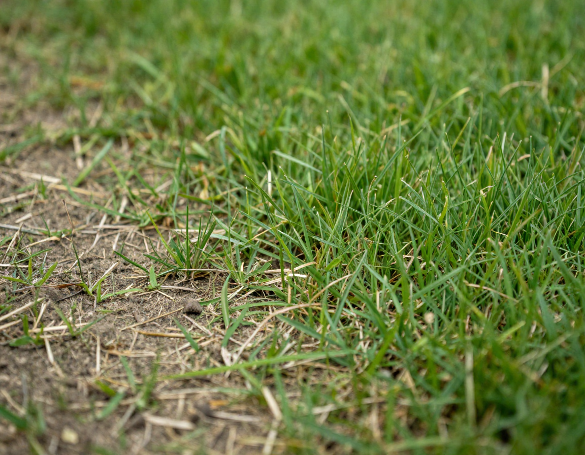 메마른 흙 위 드문드문한 풀밭이 점차 울창하고 푸른 잔디로 변화하는 모습을 근접 촬영한 실사 이미지.