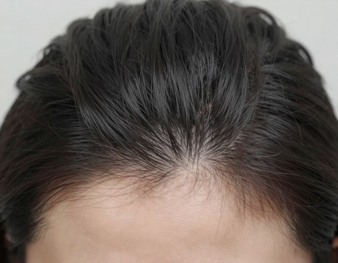 확대된 두피의 넓은 가르마와 얇아진 모발 상태를 보여주는 실사 이미지.