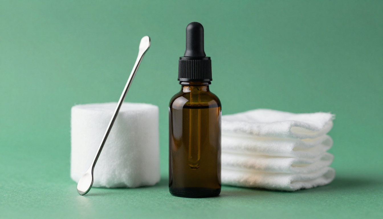 어두운 유리병의 티트리 오일과 면봉, 금속 압출기, 빗이 놓인 두피 관리 용품의 실사 이미지.