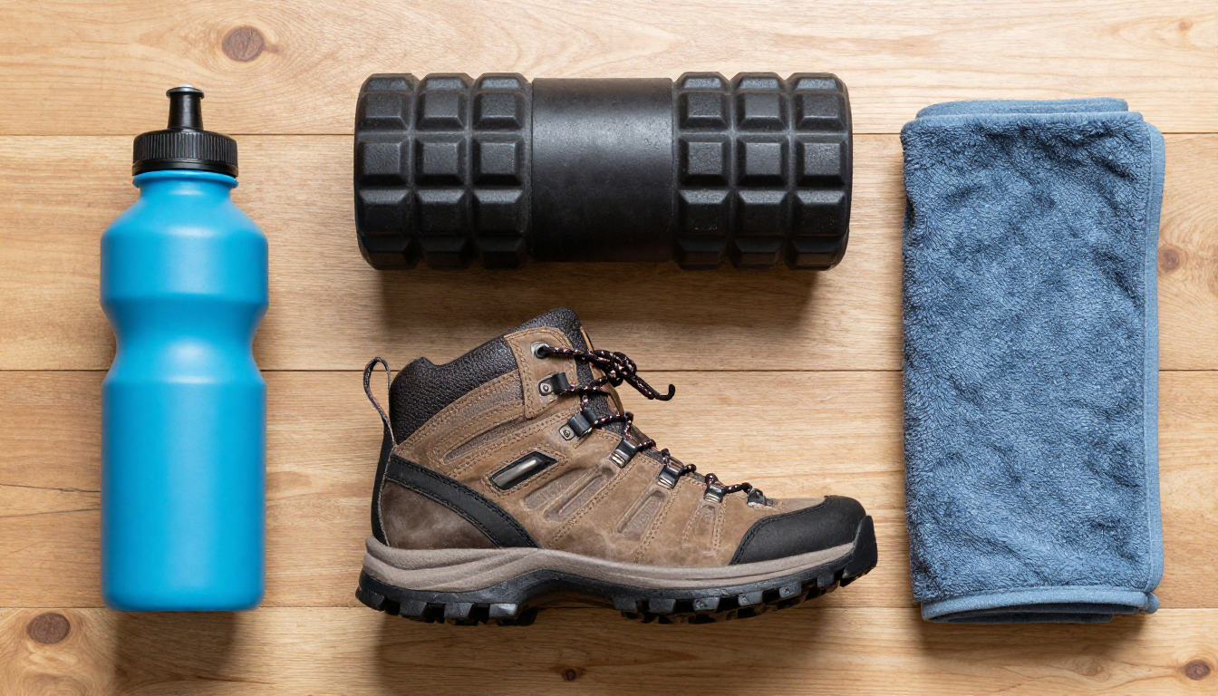 나무 바닥 위에 등산화, 폼롤러, 마사지 볼, 수건, 물병이 놓여 있는 위에서 내려다본 모습.