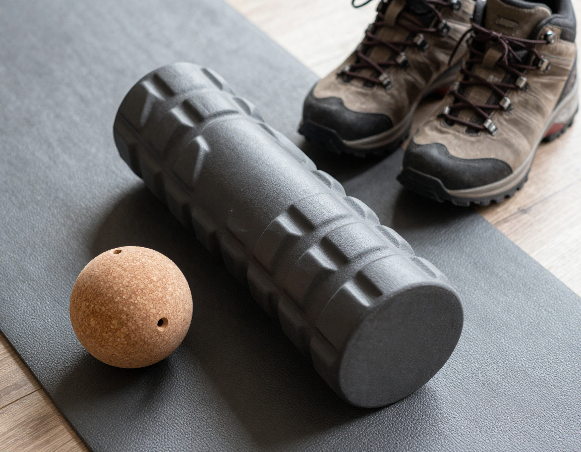 요가 매트 위에 놓인 돌기형 폼롤러와 코르크 마사지 볼, 그리고 그 옆에 놓인 등산화의 모습.