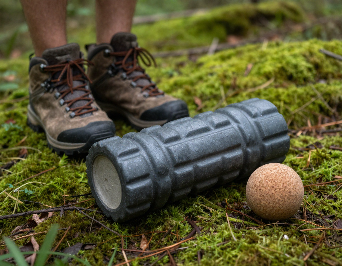 이끼 낀 숲속 바닥에 놓인 폼롤러와 등산화, 코르크 마사지 볼이 조화를 이룬 사실적인 모습입니다.