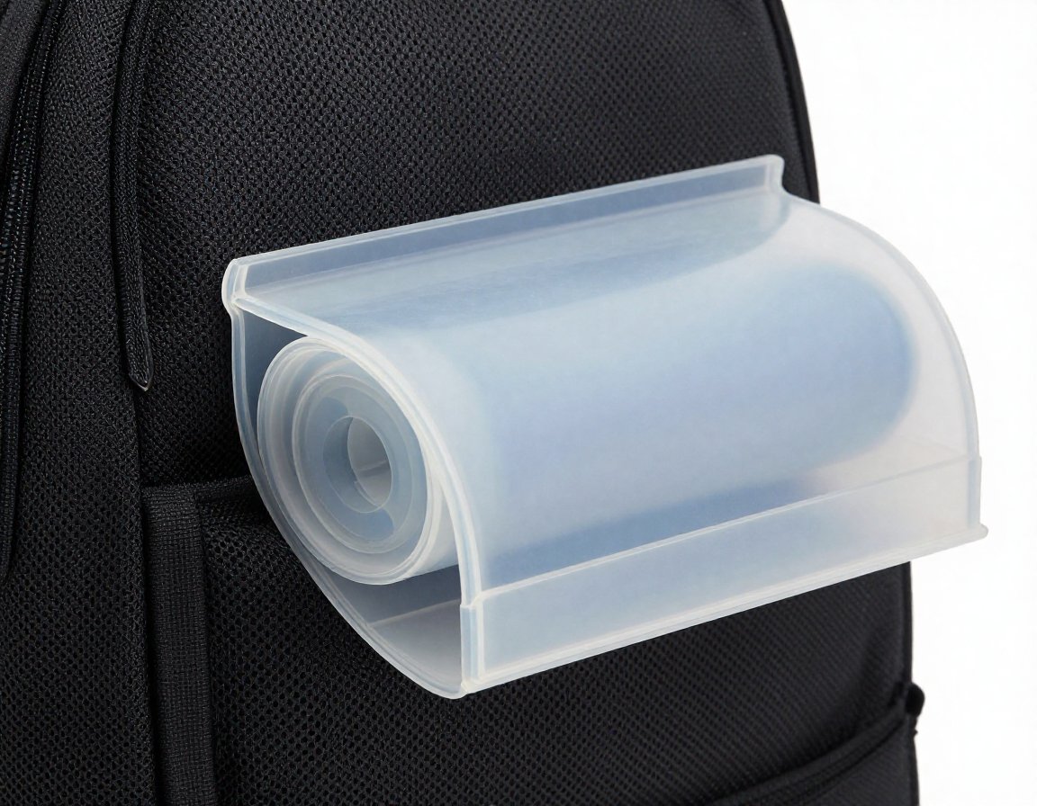 메시 배낭에 클립으로 고정된 다회용 실리콘 쓰레기 봉투를 측면에서 포착한 근접 사진입니다.